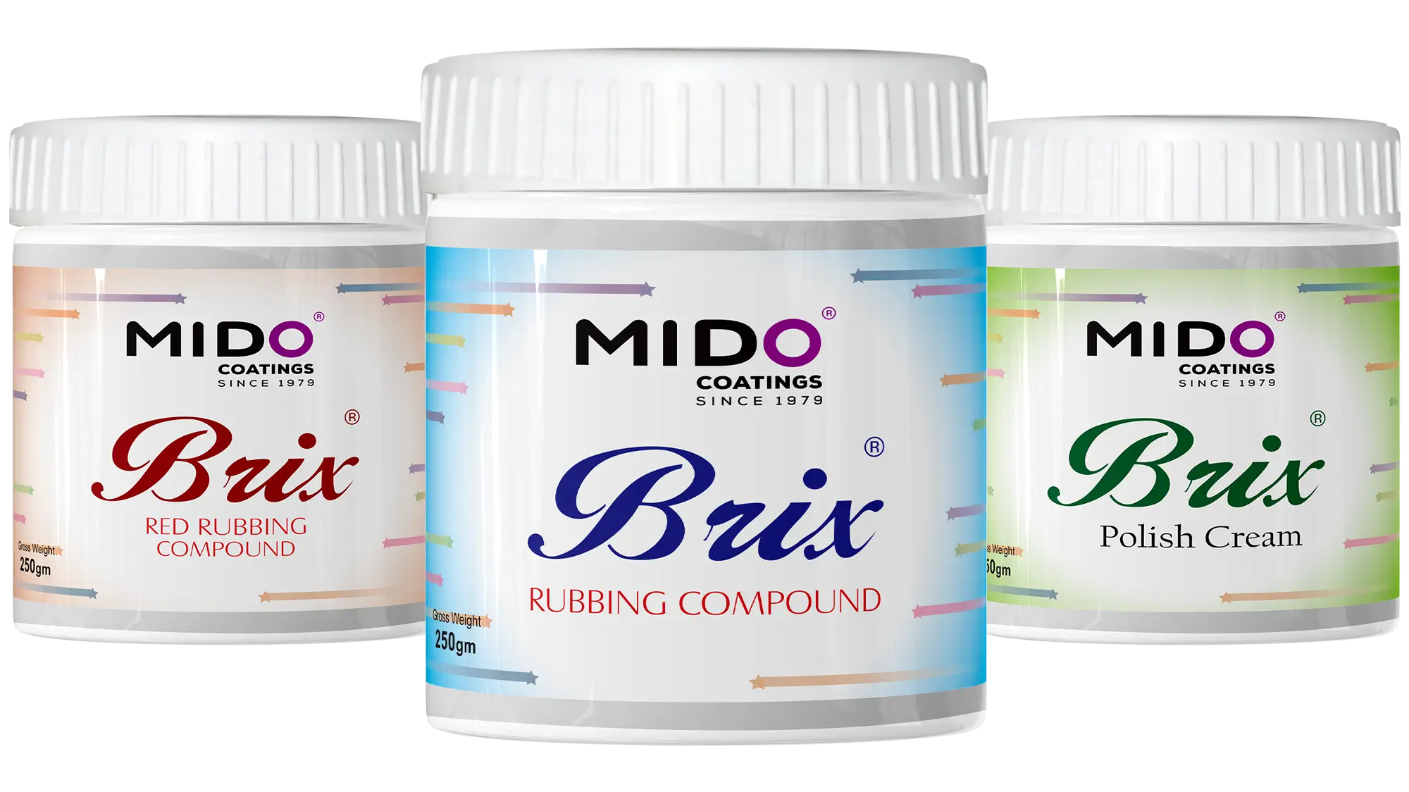 Three Brix products by Mido Coatings: Red Rubbing Compound, Rubbing Compound, and Polish Cream.