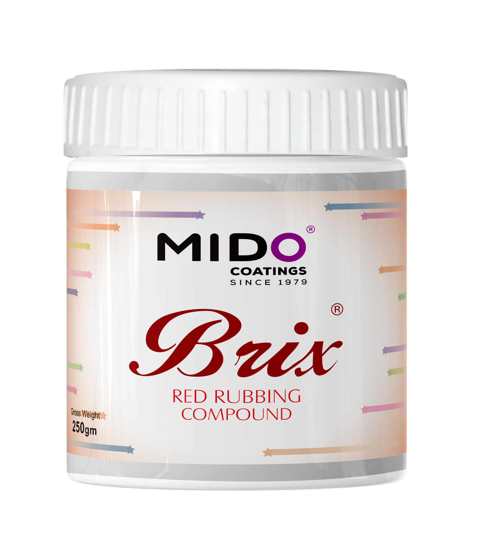 Brix Red Rubbing Compound in red packaging by Mido Coatings, designed for automotive detailing.