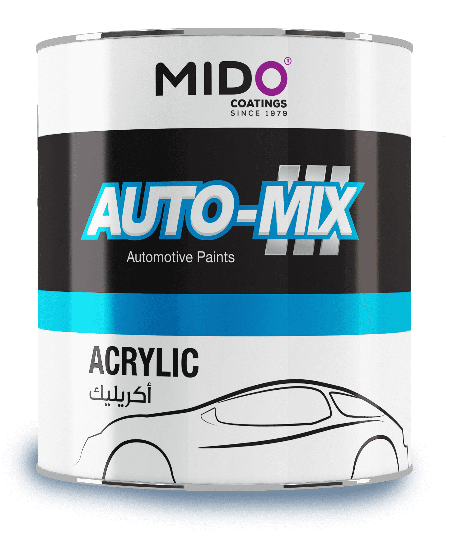 Automix car paint gallon featuring Acrylic Coat in black and blue design