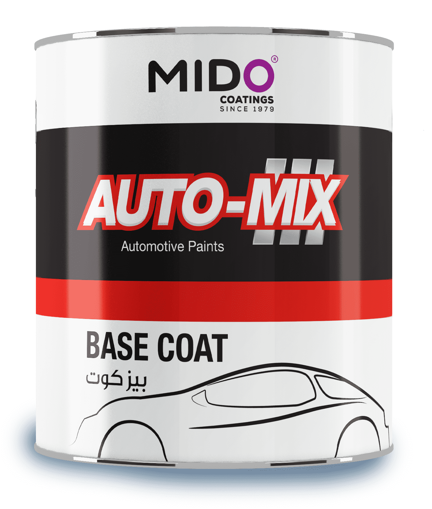 Automix automotive paint gallon labeled as Base Coat in black and red design.