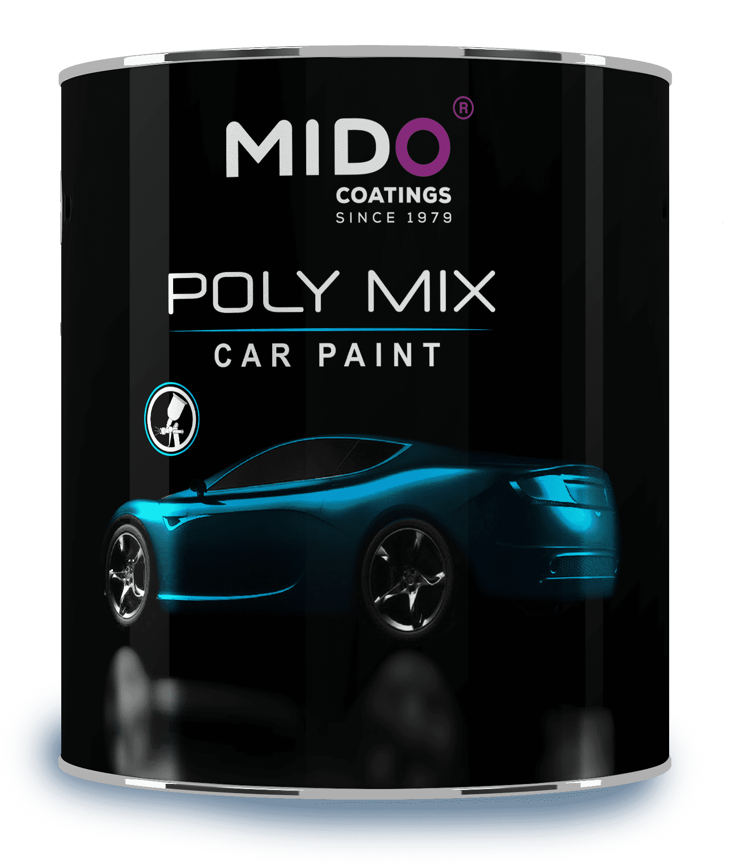 Polymix car paint gallon featuring a sleek blue car on a black background