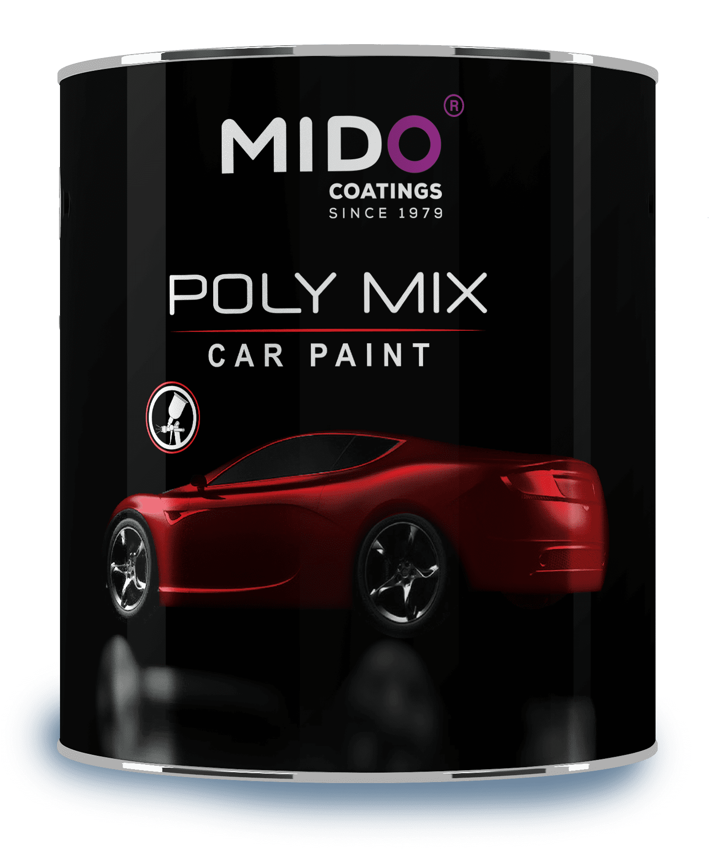 Polymix car paint gallon with a vibrant red car on a black background